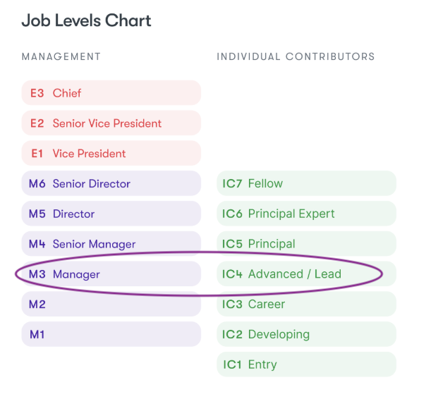 A job levels chart showing two parallel tracks: Management on the left (M1 through E3) and Individual Contributors on the right (IC1 through IC7). The M3 Manager and IC4 Advanced / Lead levels are circled together, highlighting that these two roles sit at a comparable level of scope and impact despite being on different tracks.