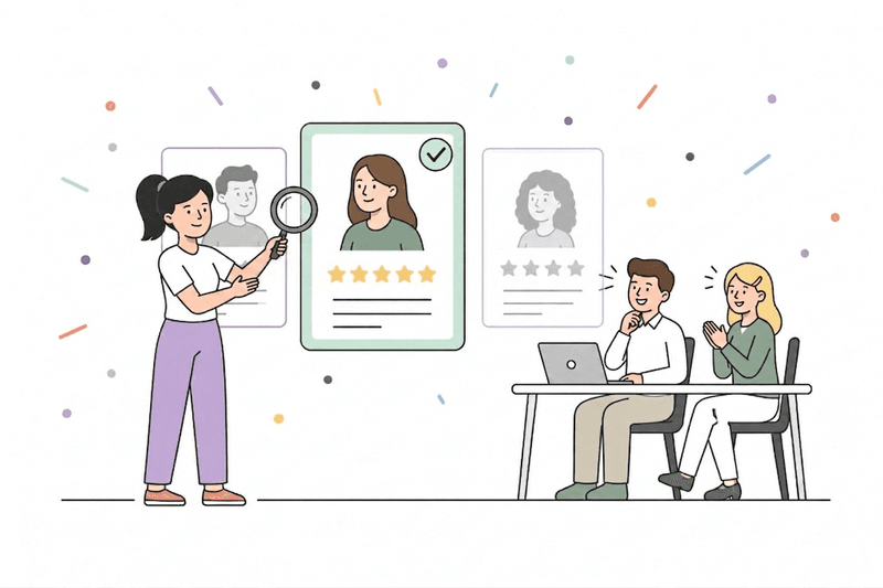 An illustration showing the recruitment and candidate evaluation process. On the left, a woman uses a magnifying glass to examine candidate profiles. In the center, a highlighted profile card displays a woman's photo with a green checkmark and five gold stars, indicating a top candidate. To the right, two colleagues sit at a desk reviewing candidates on a laptop. Additional candidate profiles are visible in the background. Colorful decorative dots and lines surround the scene, emphasizing the active hiring workflow.