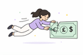 Cartoon-style illustration of a person in a purple top flying forward while using a large screwdriver to crack a giant banknote that shows dollar, euro, and pound symbols, with colorful confetti dots in the background.