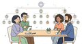 Illustration of a manager interviewing candidates across a table with an organizational chart in the background, representing role leveling, management accountability, hiring decisions, and team leadership.