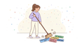 Illustration of a person sweeping away inflated job titles like "Director of Operations" and "Software Engineer Hero," symbolizing the process of cleaning up title inflation and creating a consistent job architecture for fair compensation and career leveling.