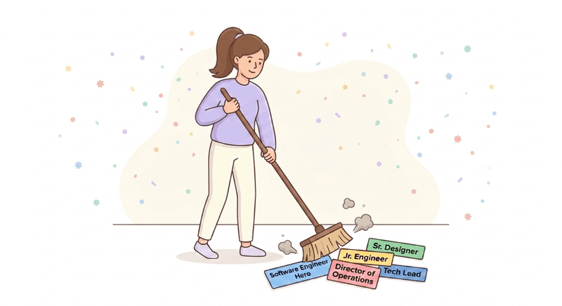Illustration of a person sweeping away inflated job titles like "Director of Operations" and "Software Engineer Hero," symbolizing the process of cleaning up title inflation and creating a consistent job architecture for fair compensation and career leveling.