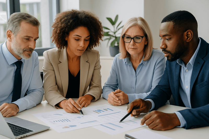 People leader reviewing job leveling and career paths framework with a team