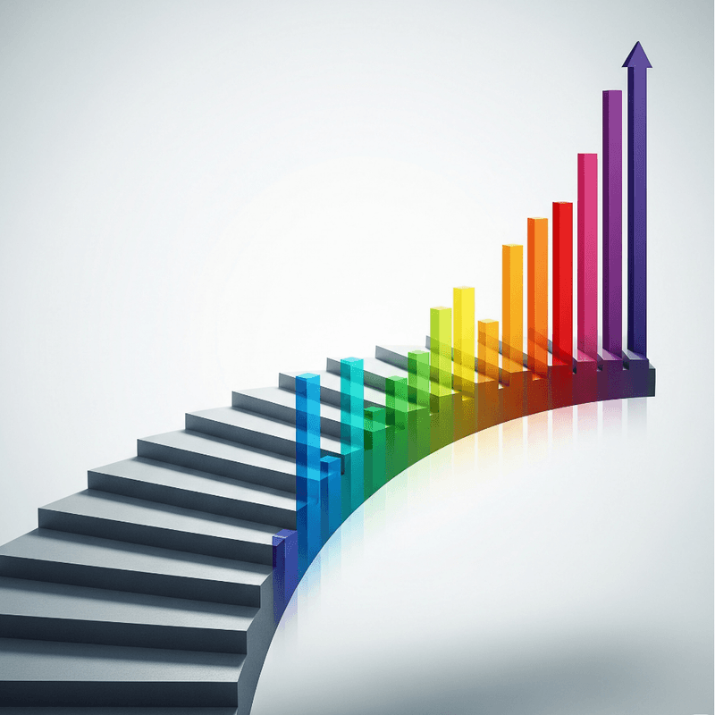 Colorful bar chart shaped like ascending stairs, with rainbow-colored bars rising from left to right and an upward arrow at the top, symbolizing growth and progress.