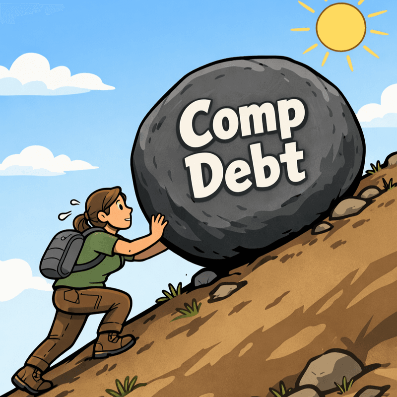 Illustration of a person pushing a large boulder labeled “Comp Debt” uphill, symbolizing the growing burden of compensation debt caused by accumulated pay decisions.